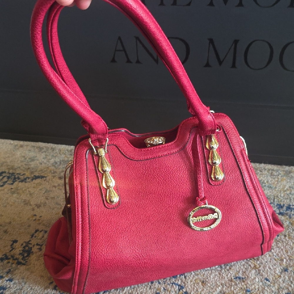 Stylish Red Satchel with Gold Accents